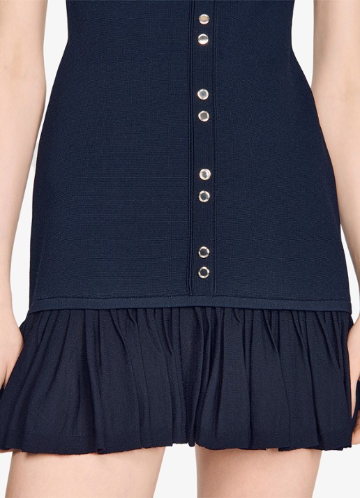 Sandro Mini jurk met ronde hals en ruches - detail 2 donkerblauw