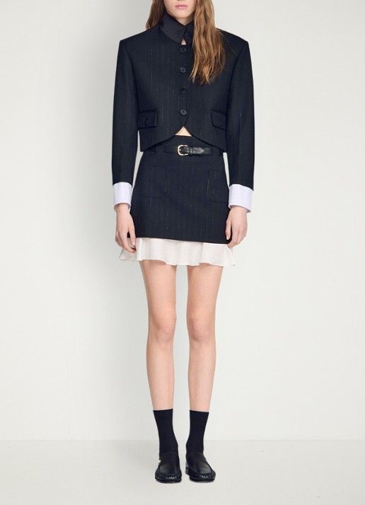 Sandro Mini rok met krijtstreep en riem - detail 2 zwart