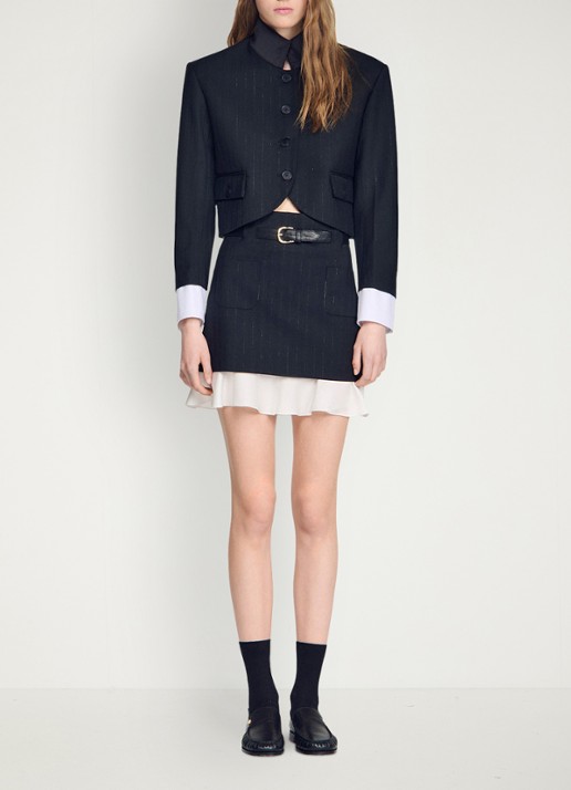 Sandro Mini rok met krijtstreep en riem - detail 4 zwart