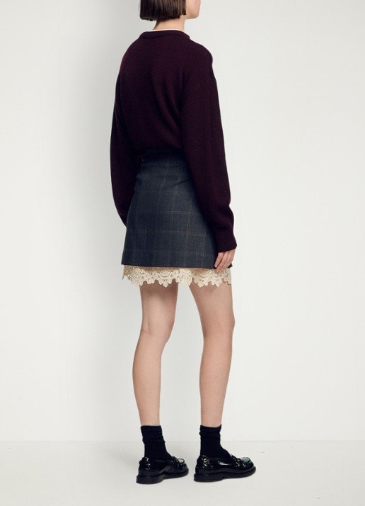 Sandro Mini rok met ruitdessin en details van kant - achterkant 4 grijs