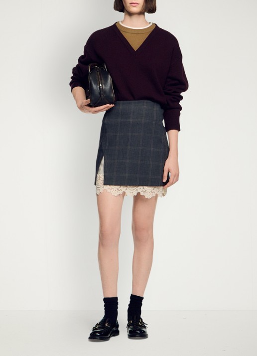 Sandro Mini rok met ruitdessin en details van kant - detail 2 grijs