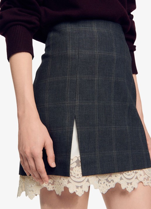 Sandro Mini rok met ruitdessin en details van kant - detail 3 grijs