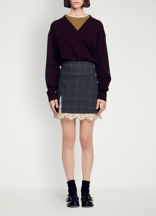 Sandro Mini rok met ruitdessin en details van kant - voorkant 6 grijs