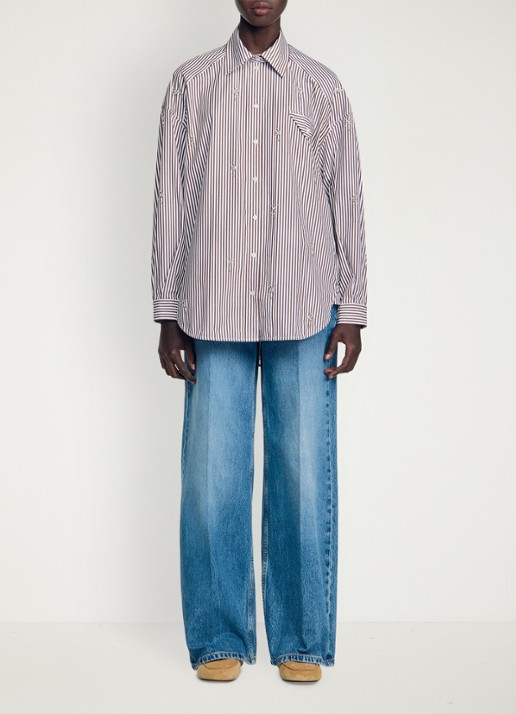 Sandro Oversized blouse met streepprint - voorkant 2 brown / bruin