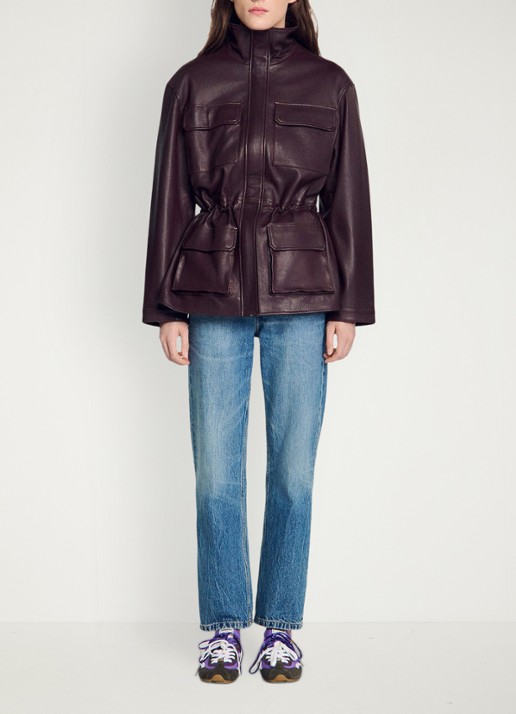 Sandro Oversized jack van lamsleer met opstaande kraag - detail 5 bordeauxrood