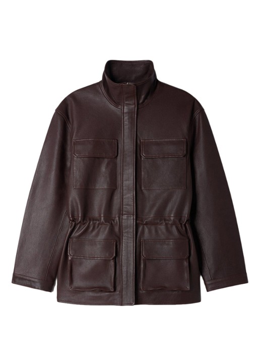Sandro Oversized jack van lamsleer met opstaande kraag - voorkant bordeauxrood