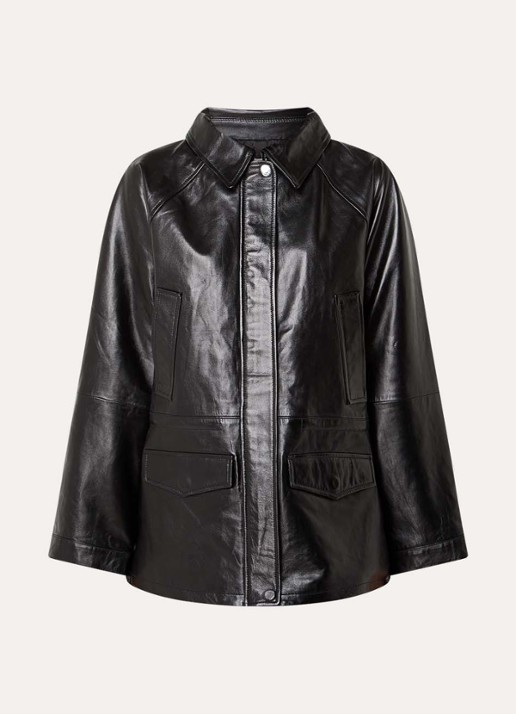 Sandro Parka van lamsleer met glanzende finish - voorkant zwart