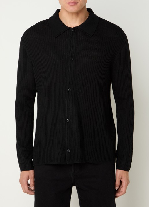 Sandro Ribgebreid vest in wolblend met V-hals - detail black / zwart