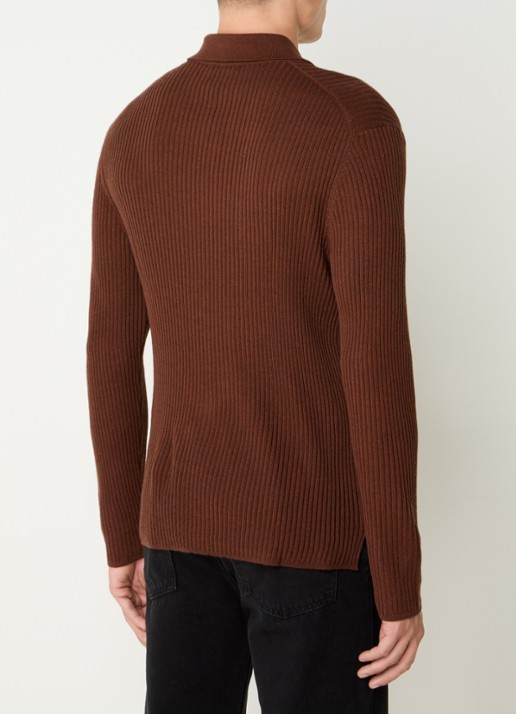 Sandro Ribgebreid vest in wolblend met V-hals - achterkant 2 cognac / bruin