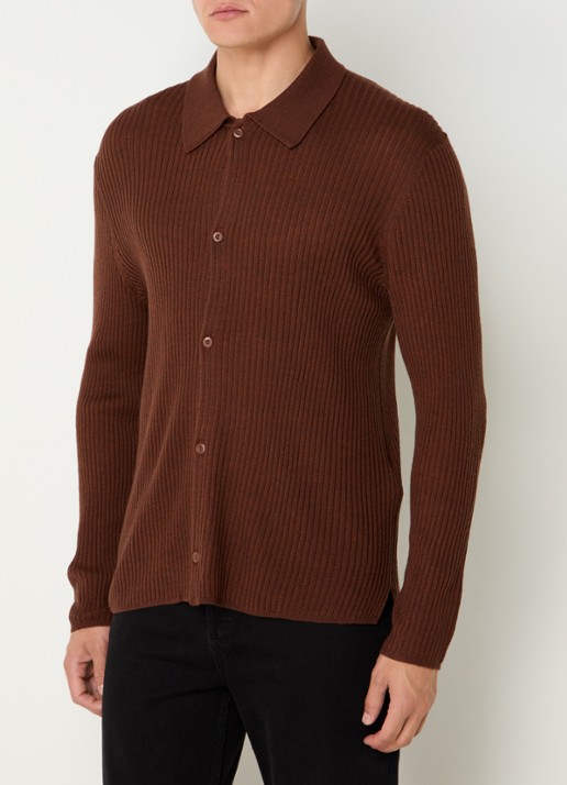 Sandro Ribgebreid vest in wolblend met V-hals - detail cognac / bruin