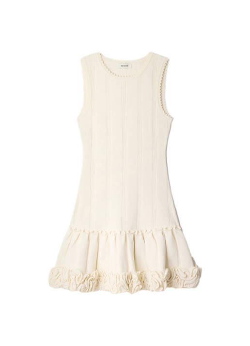 Sandro Ribgebreide mini jurk met plooien - voorkant creme