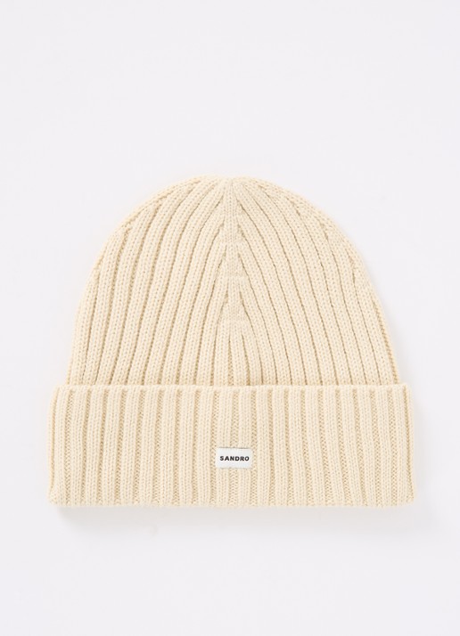 Sandro Ribgebreide muts in wolblend met logo - voorkant beige