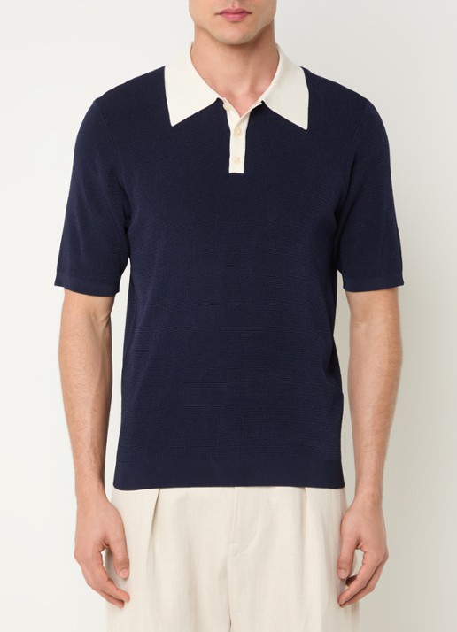 Sandro Ribgebreide slim fit polo - detail donkerblauw