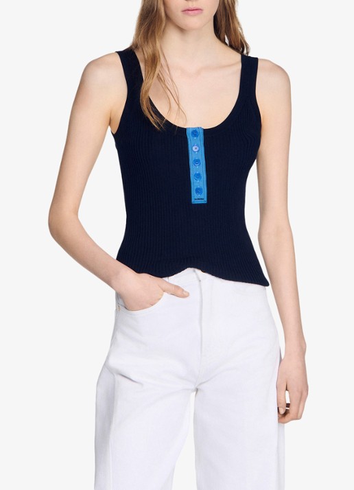 Sandro Ribgebreide tanktop in zijdeblend met knoopdetail
