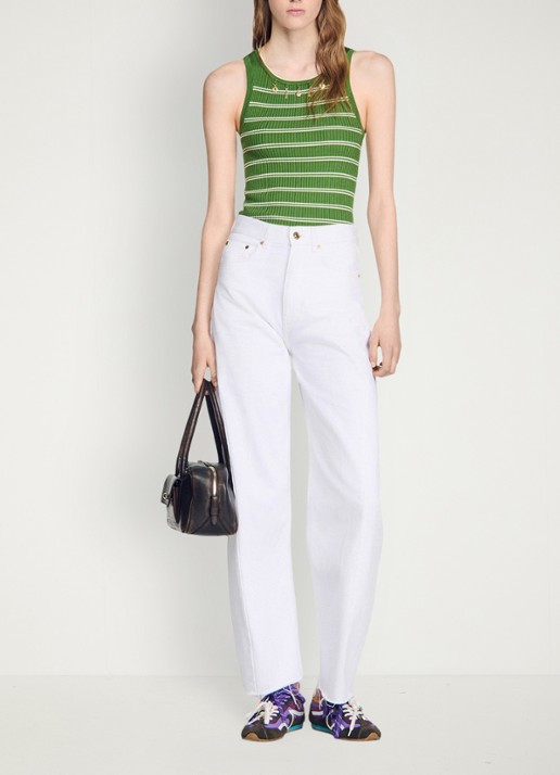 Sandro Ribgebreide tanktop in zijdeblend met streepprint en decoratie - voorkant 3 groen