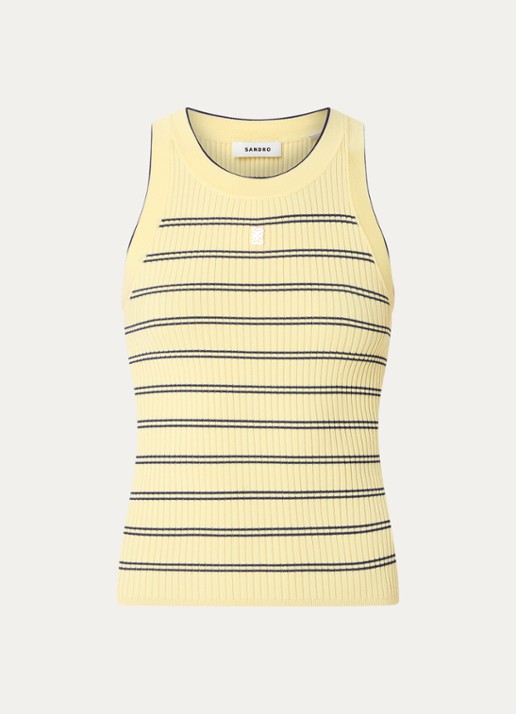 Sandro Ribgebreide tanktop  met streepprint - voorkant geel