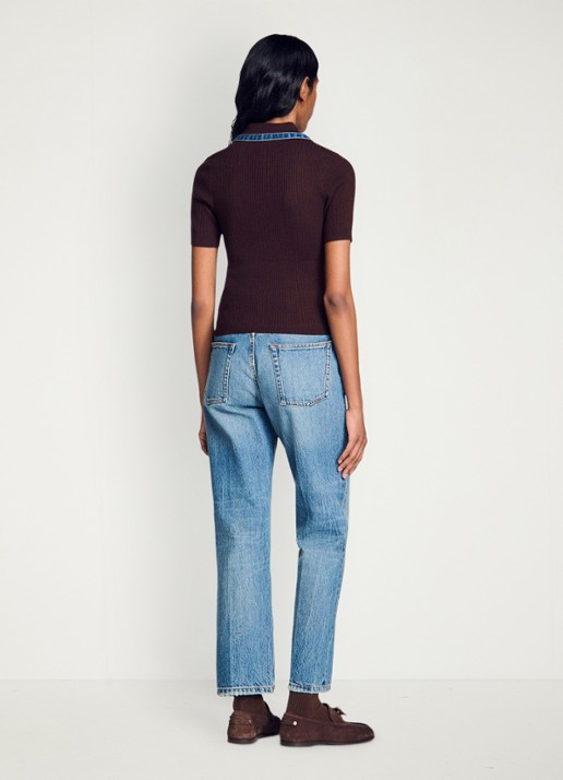 Sandro Ribgebreide top in wolblend met details van denim - achterkant 4 bruin