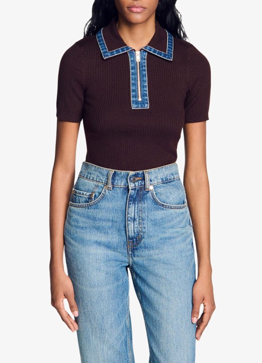 Sandro Ribgebreide top in wolblend met details van denim