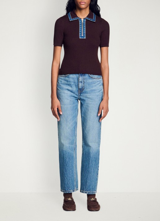 Sandro Ribgebreide top in wolblend met details van denim - detail 2 bruin