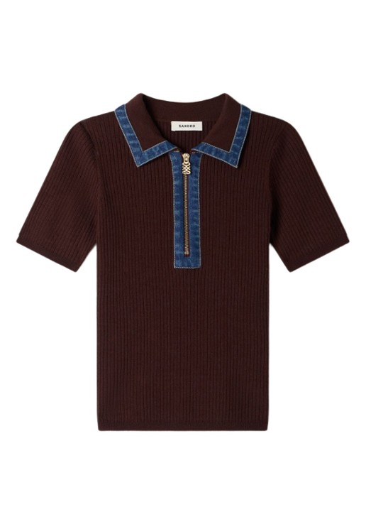Sandro Ribgebreide top in wolblend met details van denim - voorkant 5 bruin