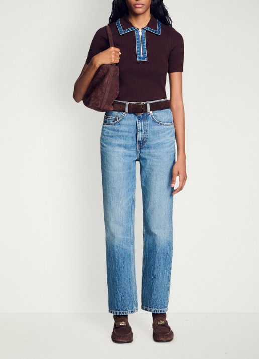 Sandro Ribgebreide top in wolblend met details van denim - voorkant 6 bruin