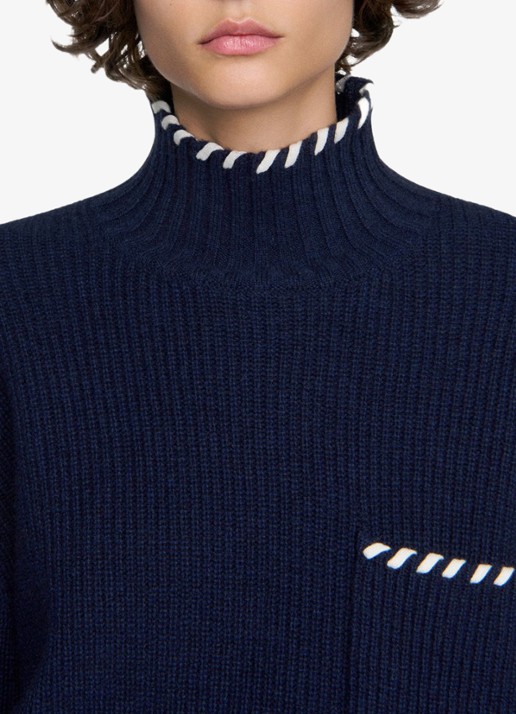 Sandro Ribgebreide trui in wolblend - detail 3 blauw