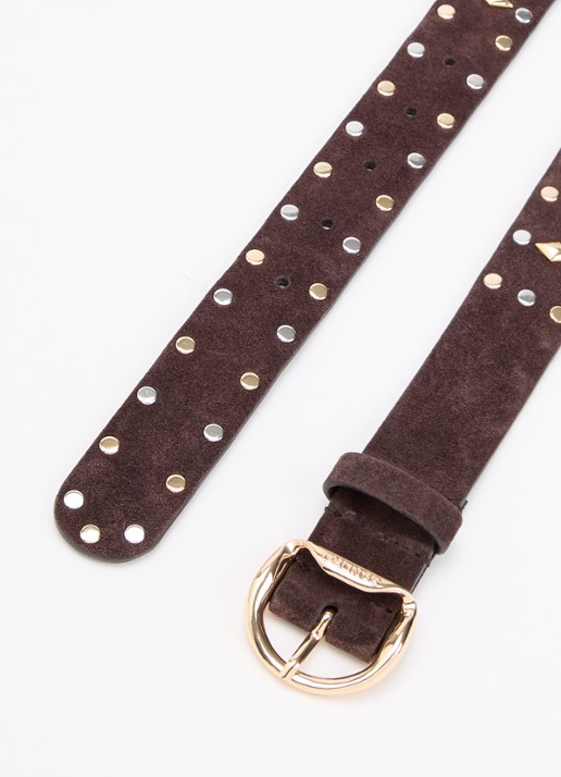 Sandro Riem van suède met studs - detail donkerbruin