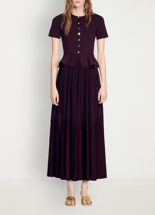 Sandro Semi-transparante midi jurk met peplum - voorkant 5 bordeauxrood