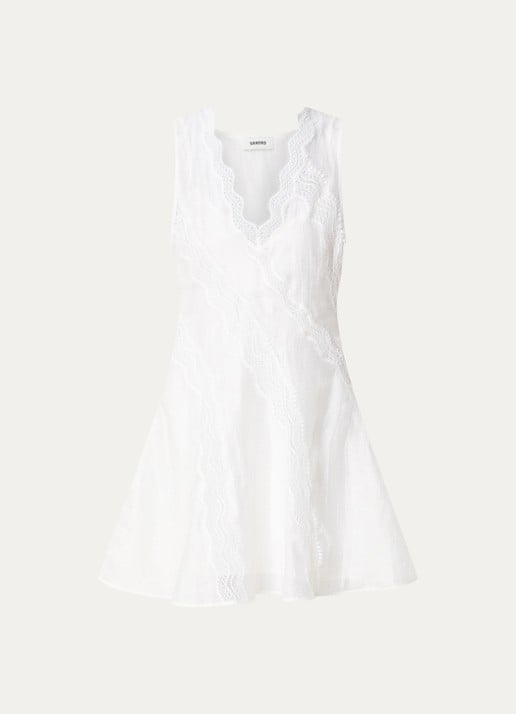 Sandro Semi-transparante mini jurk in linnenblend met details van kant - voorkant wit