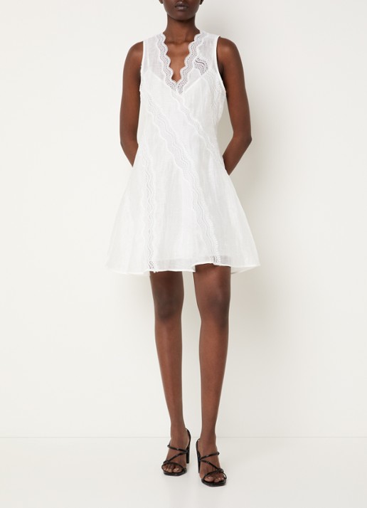 Sandro Semi-transparante mini jurk in linnenblend met details van kant - voorkant 2 wit