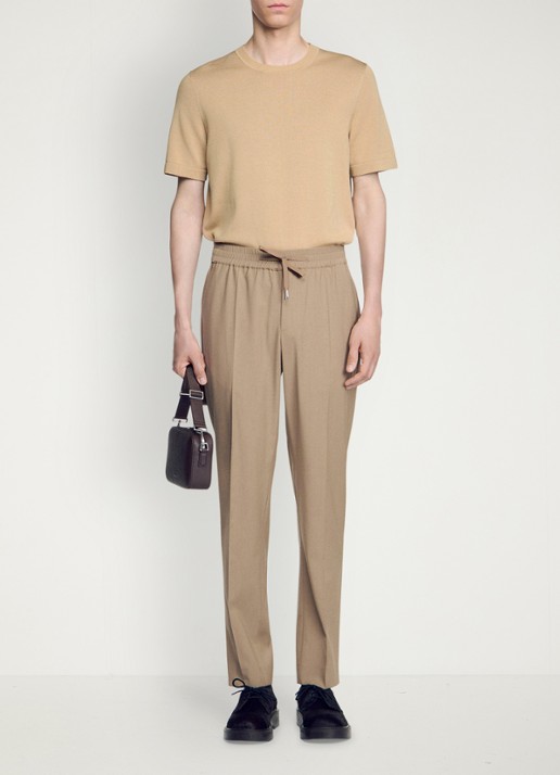 Sandro Slim fit pantalon in wolblend met elastische band - voorkant cappucino / beige