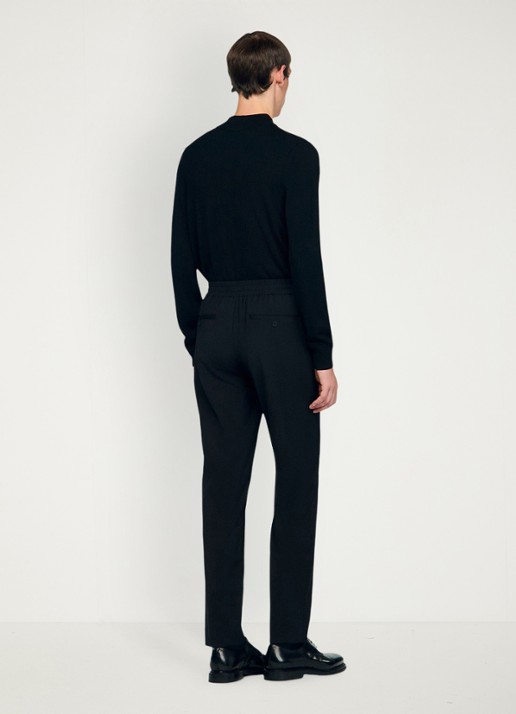 Sandro Slim fit pantalon in wolblend met elastische band - achterkant black / zwart