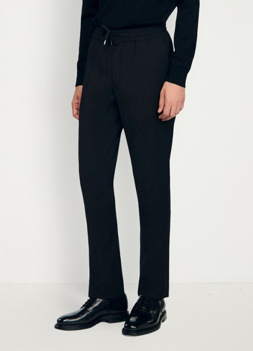 Sandro Slim fit pantalon in wolblend met elastische band - detail 2 black / zwart