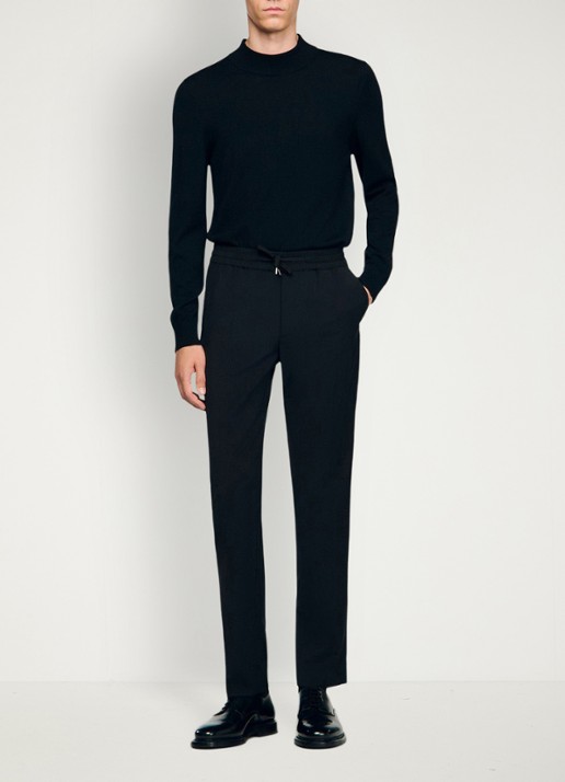 Sandro Slim fit pantalon in wolblend met elastische band - voorkant 6 black / zwart
