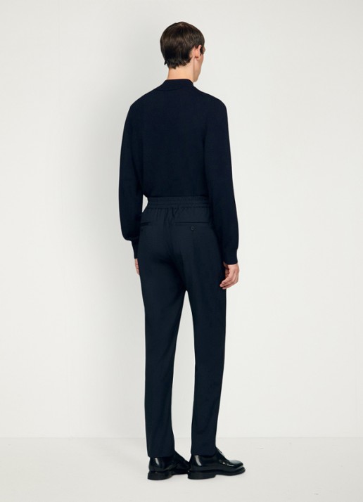 Sandro Slim fit pantalon in wolblend met elastische band - achterkant navy blue / blauw