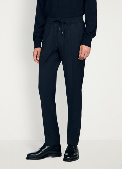 Sandro Slim fit pantalon in wolblend met elastische band - detail 2 navy blue / blauw