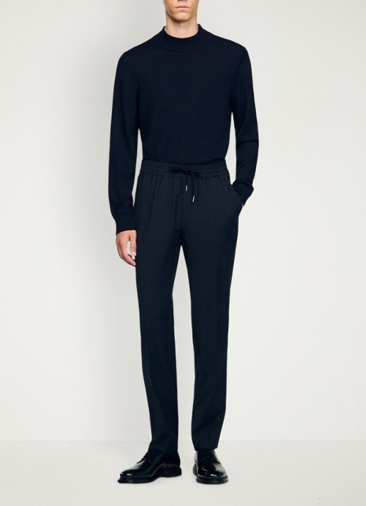 Sandro Slim fit pantalon in wolblend met elastische band - voorkant 6 navy blue / blauw