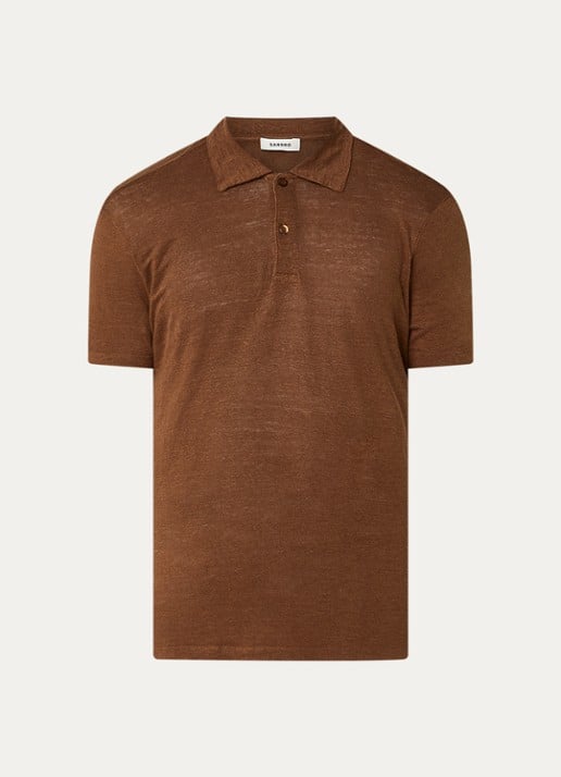 Sandro Slim fit polo van linnen  - voorkant 3 hazelnootbruin