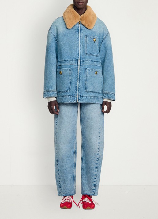 Sandro Spijkerjas met imitatiebontkraag - voorkant 2 denim
