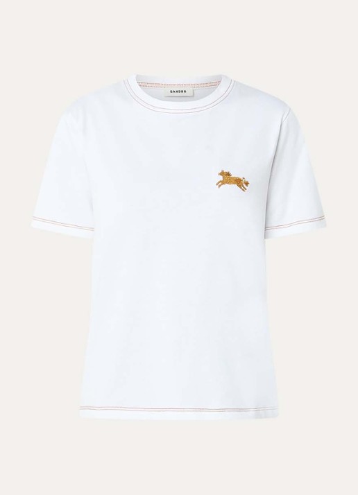 Sandro T-shirt met pailletten en siernaad - voorkant 3 wit
