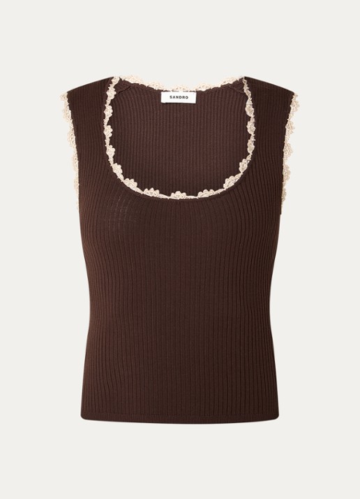 Sandro Tanktop met borduring en ribstructuur - voorkant bruin