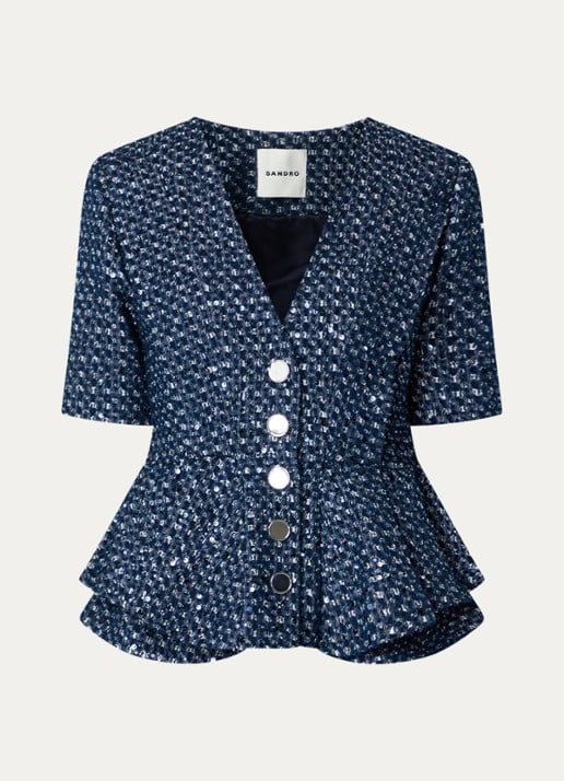 Sandro Top met pailletten en peplum - voorkant indigo