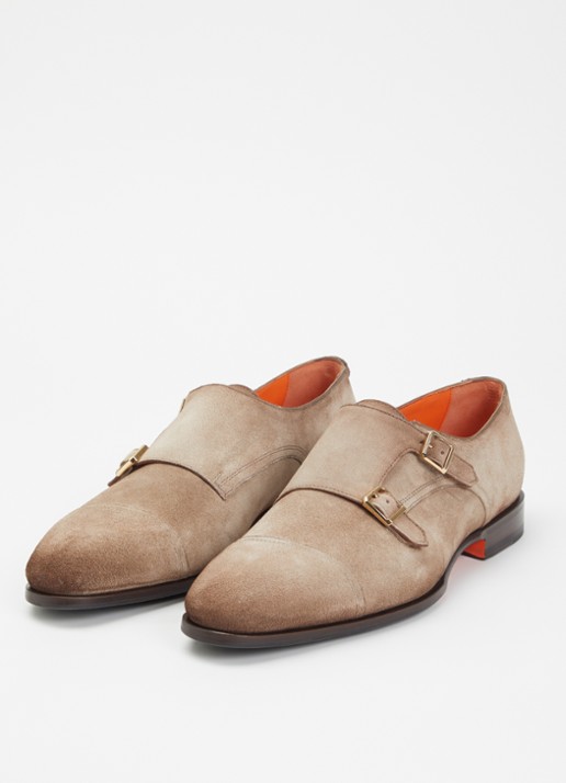 Santoni Axel Double Monk gespschoen van suède - detail 3 donkerbeige