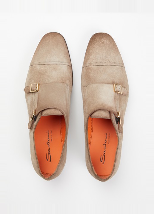 Santoni Axel Double Monk gespschoen van suède - detail 4 donkerbeige