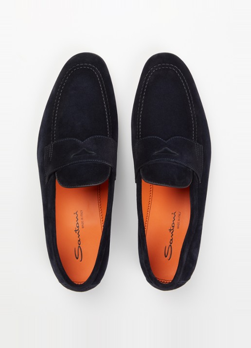 Santoni Sullivan loafer van suède - detail 3 donkerblauw