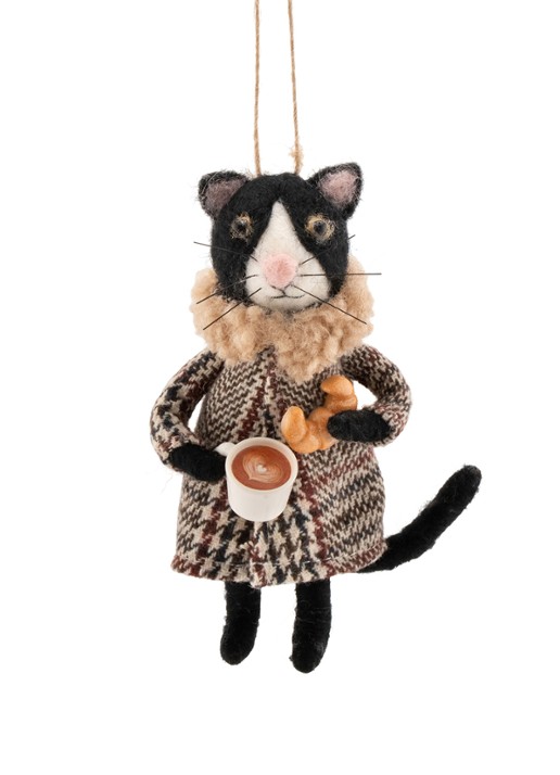 Sass & Belle Kat met Koffie kersthanger 13,5 cm
