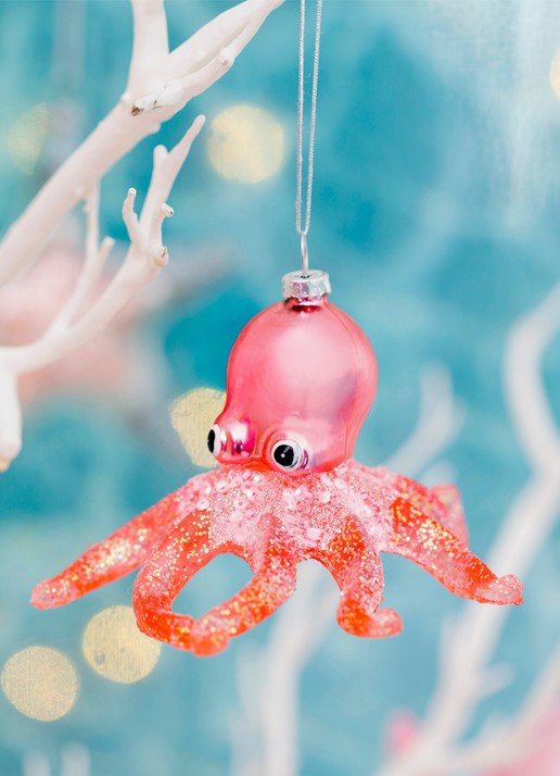 Sass & Belle Pink Glitter Octopus Shaped Bauble 12,5 cm - voorkant 3 roze