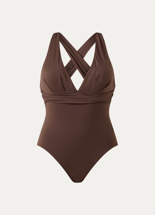Seafolly Cross Back plunge badpak met plooidetail - voorkant bruin