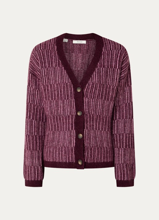Selected Alva grofgebreid vest in alpaca wolblend met streepprint - voorkant aubergine