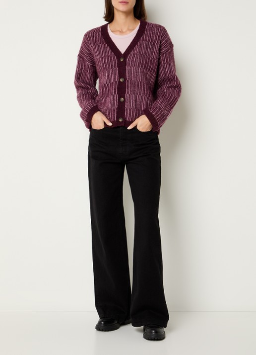 Selected Alva grofgebreid vest in alpaca wolblend met streepprint - voorkant 2 aubergine